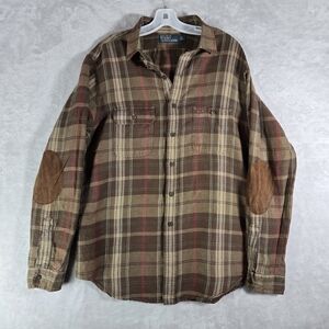 Polo Ralph Lauren Button Up Long Sleeve Shirt Mens Size L Large Brown Silk Linen